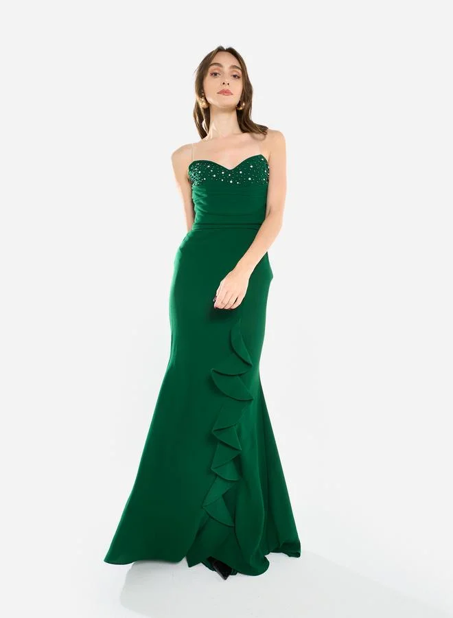 House of Moda Women Ruffled Cascade Beaded Gown Maxi Dress